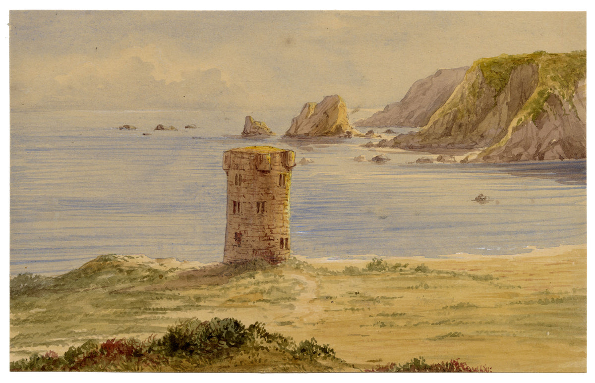 Anon., Conway Tower, St Brelade's Bay, Jersey, Channel Islands – c.1874 watercolour painting