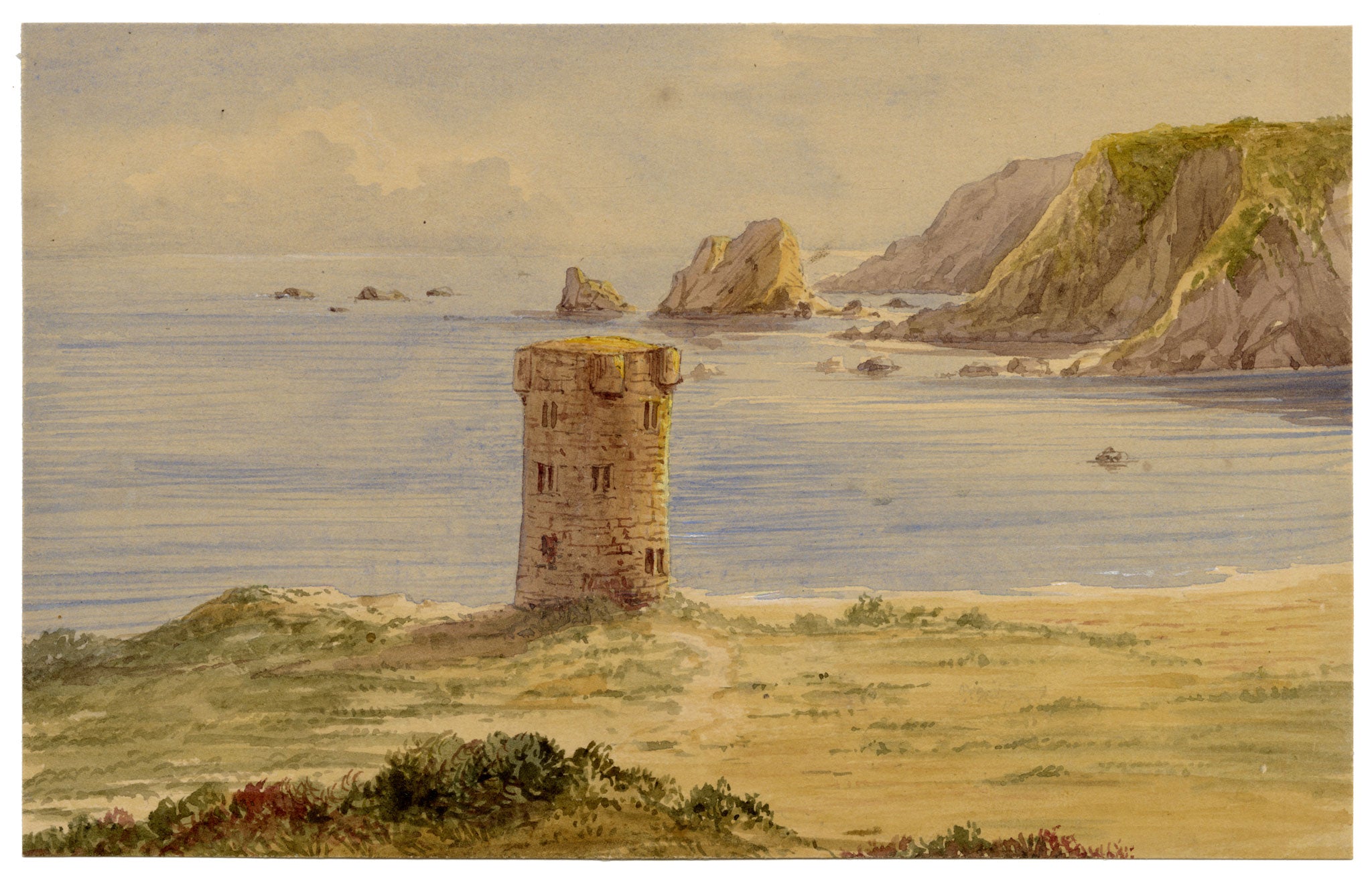 Anon., Conway Tower, St Brelade's Bay, Jersey, Channel Islands – c.1874 watercolour painting