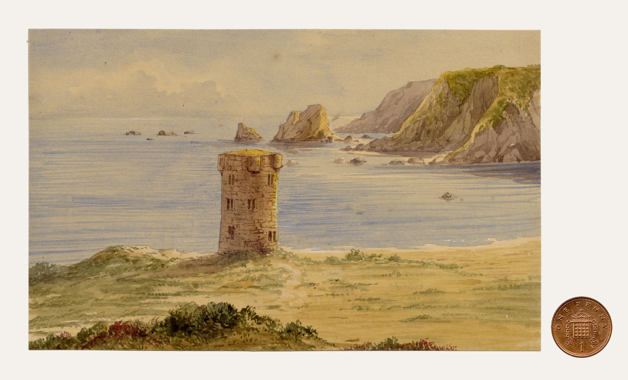 Anon., Conway Tower, St Brelade's Bay, Jersey, Channel Islands – c.1874 watercolour painting
