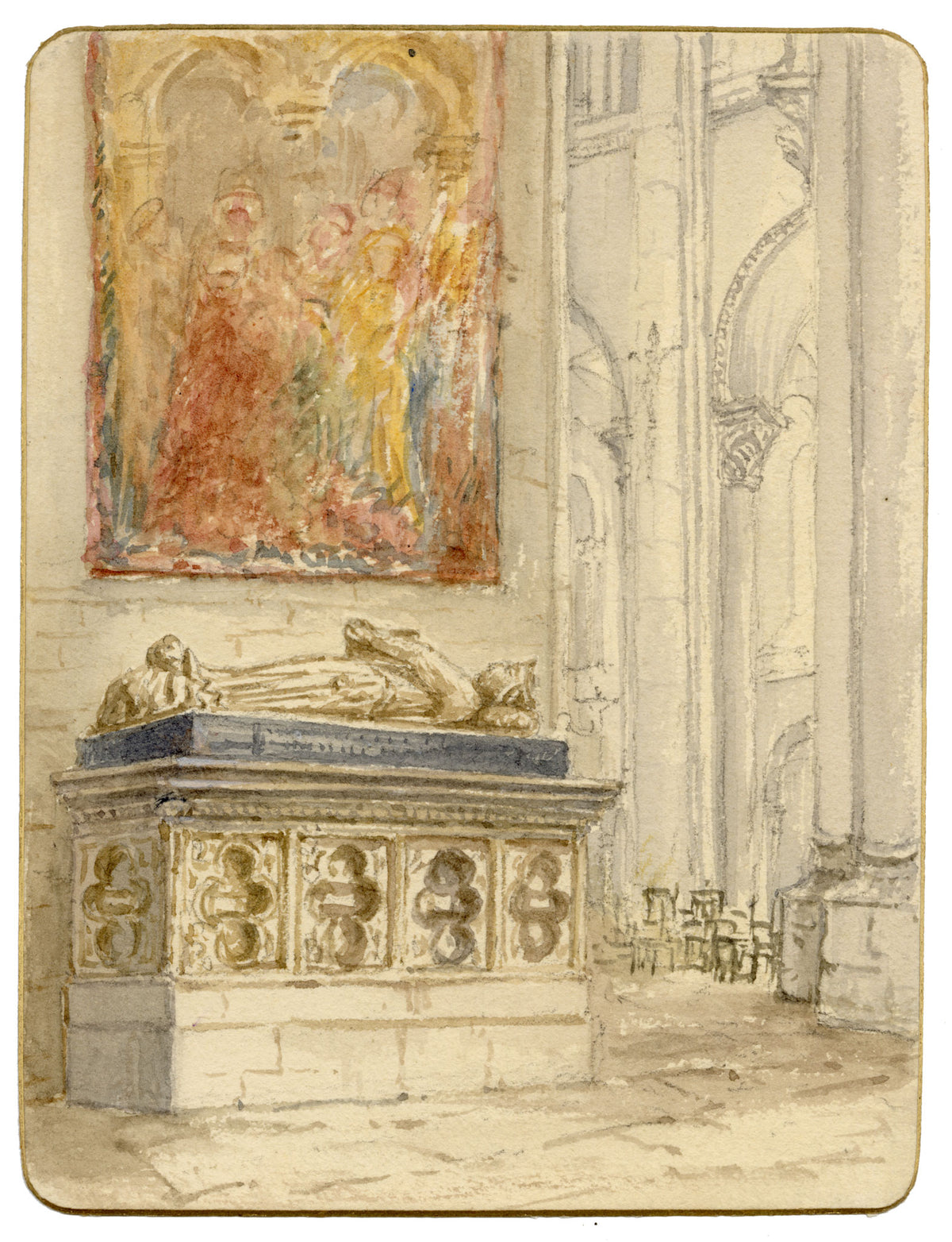 Anon., Church Interior with Tomb Effigy & Painting – c.1874 watercolour painting