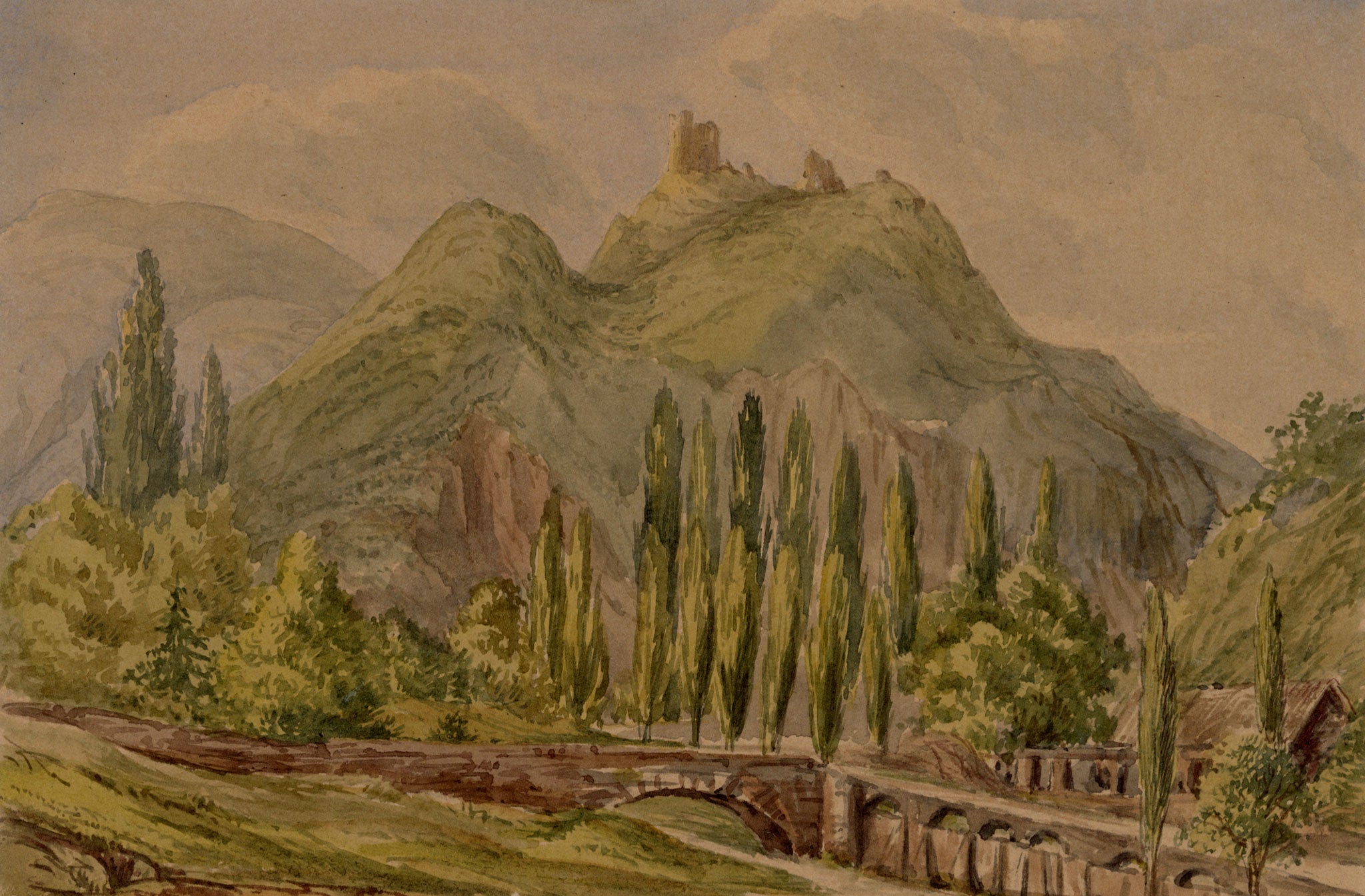 Anon., Poplar Trees on Moselle River, Germany – c.1874 watercolour painting