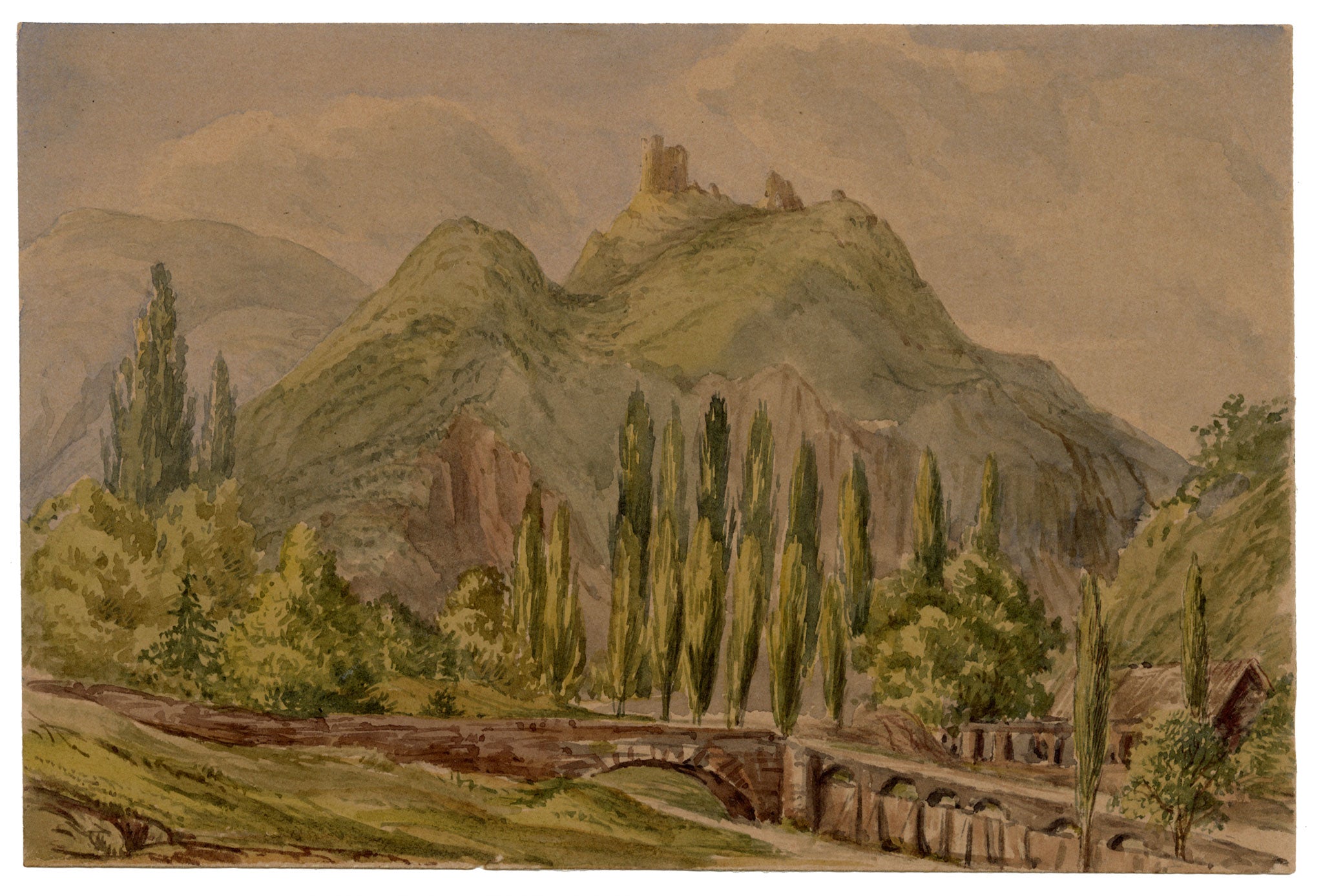 Anon., Poplar Trees on Moselle River, Germany – c.1874 watercolour painting