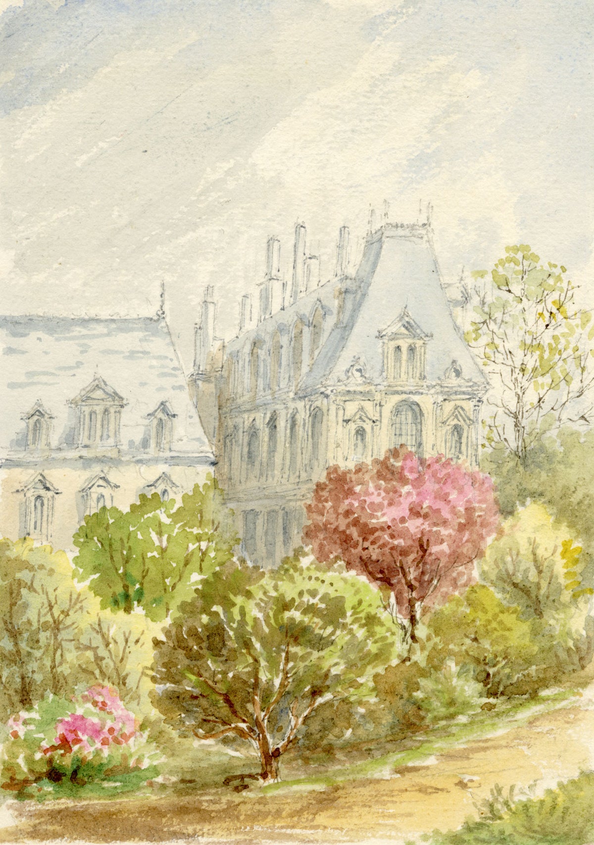 Anon., Gardens by Town Hall, Le Havre, Normandy, France – c.1874 watercolour painting
