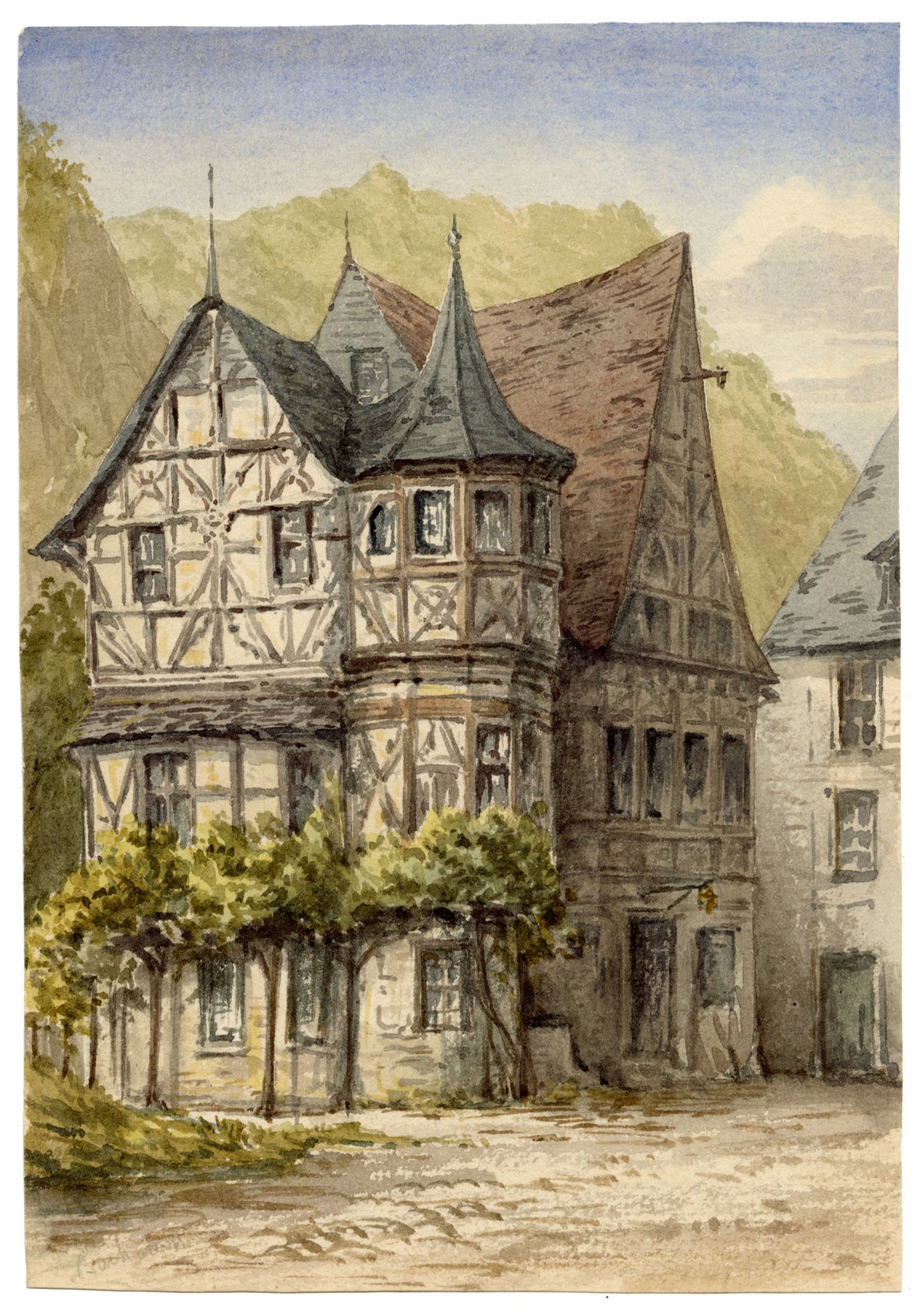 Anon., Altes Haus, Bacharach, Rhine, Germany – c.1874 watercolour painting
