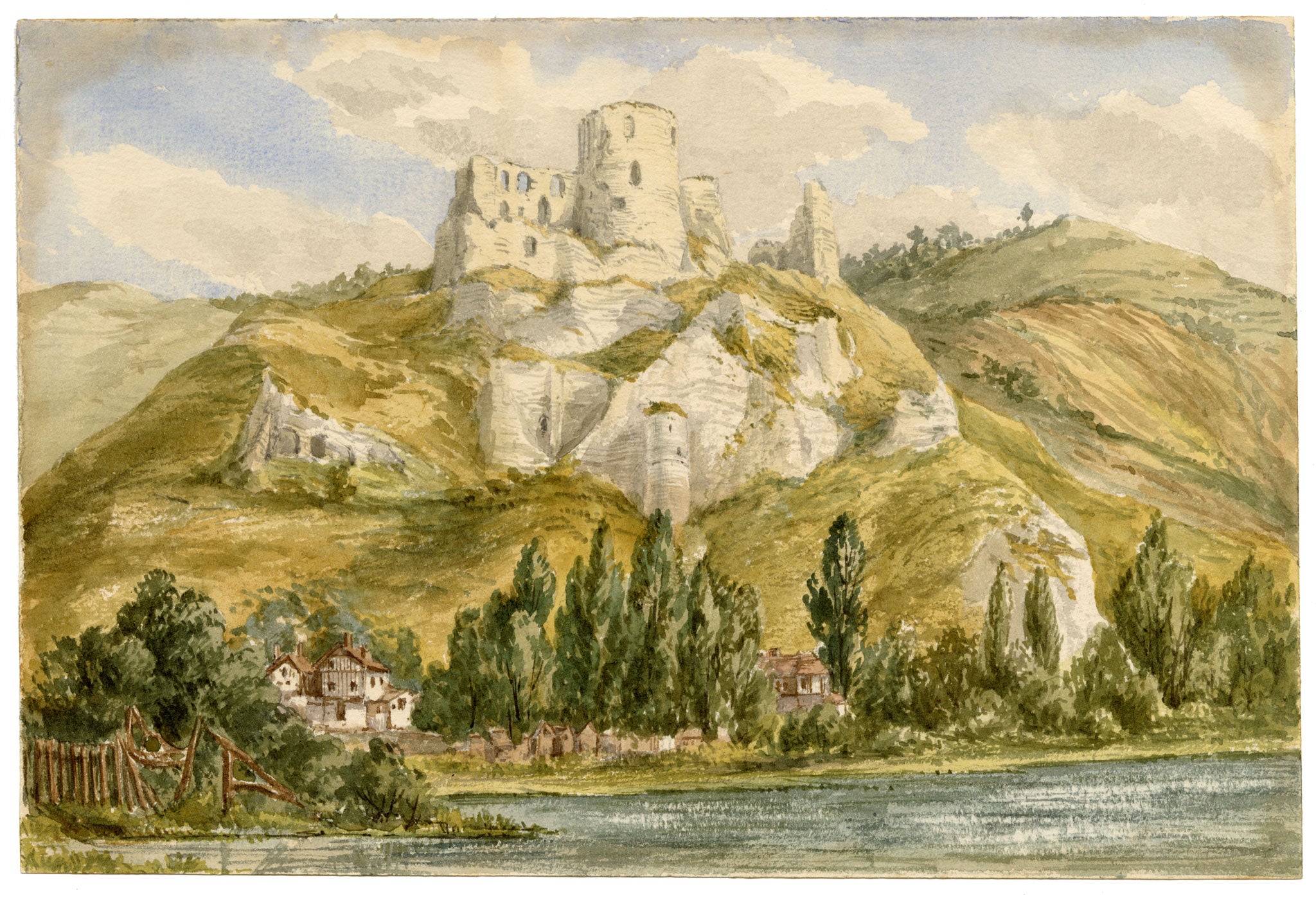 Anon., Château Gaillard, Les Andelys, Normandy, France – c.1874 watercolour painting
