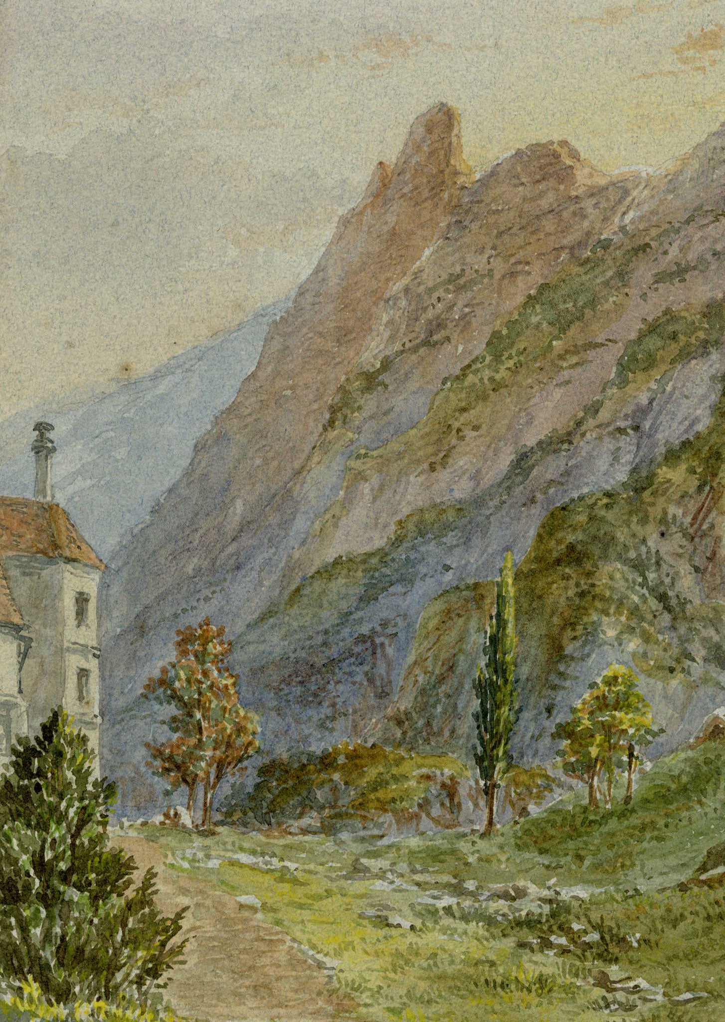Anon., Mountainside with Poplar Tree – c.1874 watercolour painting