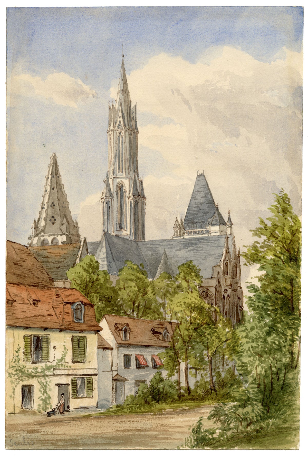 Anon., Senlis Cathedral, Senlis, Oise, France – c.1874 watercolour painting