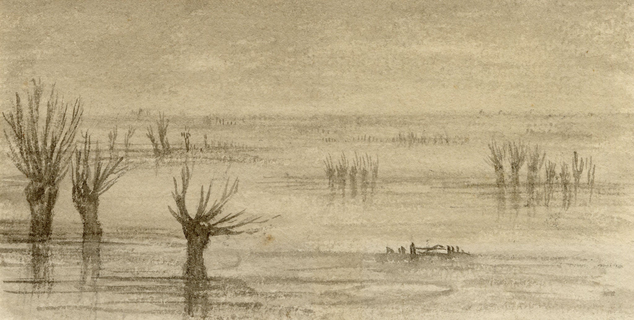 C.A. Collis, Wetland near Oxford – 1879 watercolour painting