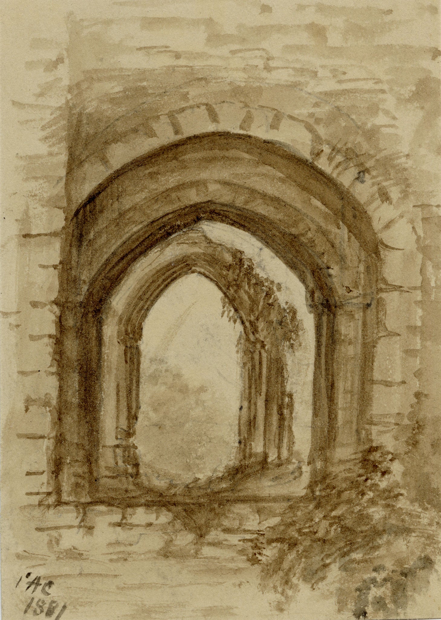 C.A. Collis, Wingfield Manor Chapel Archway, Derbyshire – 1881 watercolour painting