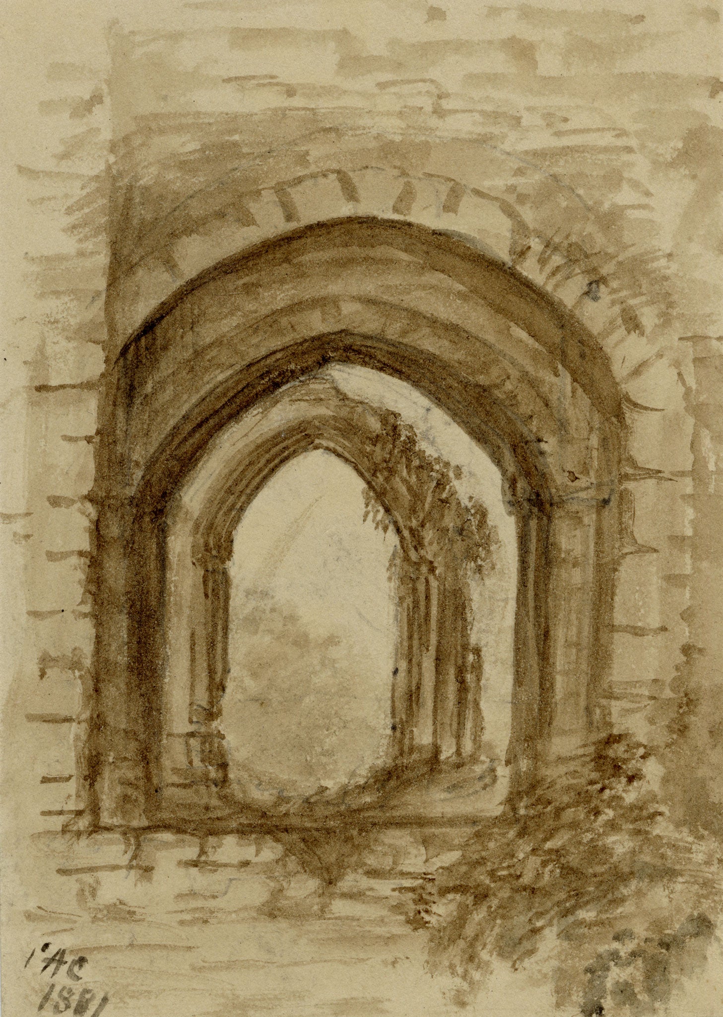 C.A. Collis, Wingfield Manor Chapel Archway, Derbyshire – 1881 watercolour painting