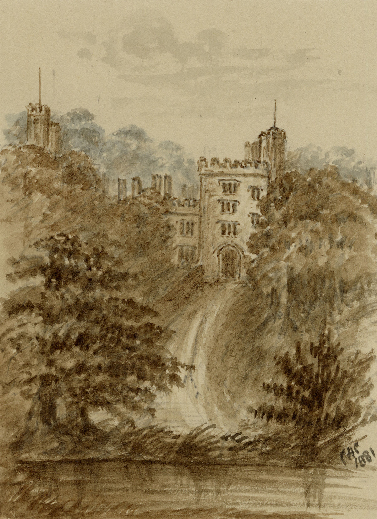 C.A. Collis, Haddon Hall Gateway, Derbyshire – 1881 watercolour painting
