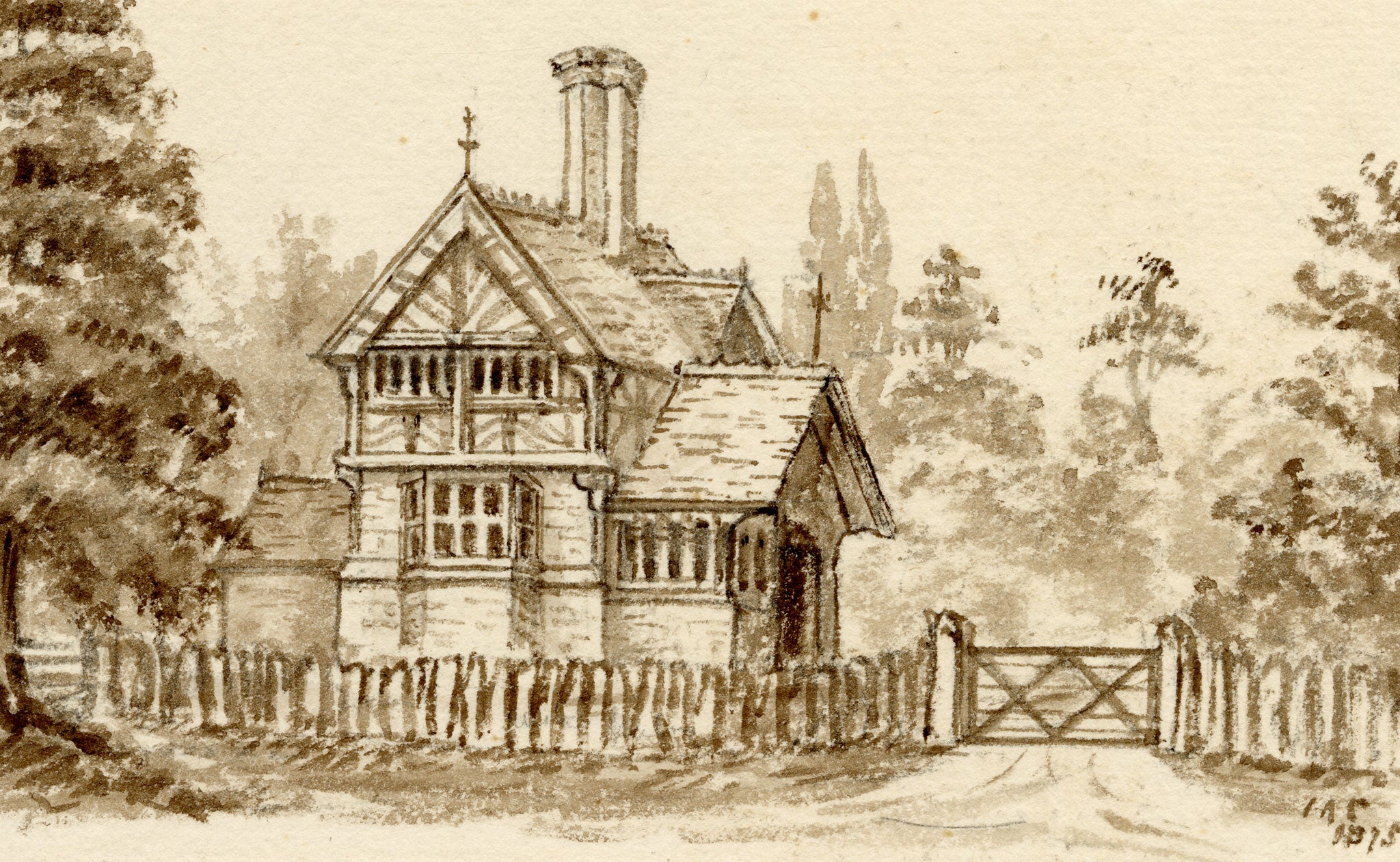 C.A. Collis, Madresfield Court, New North Lodge, Malvern, Worcestershire – 1875 watercolour painting