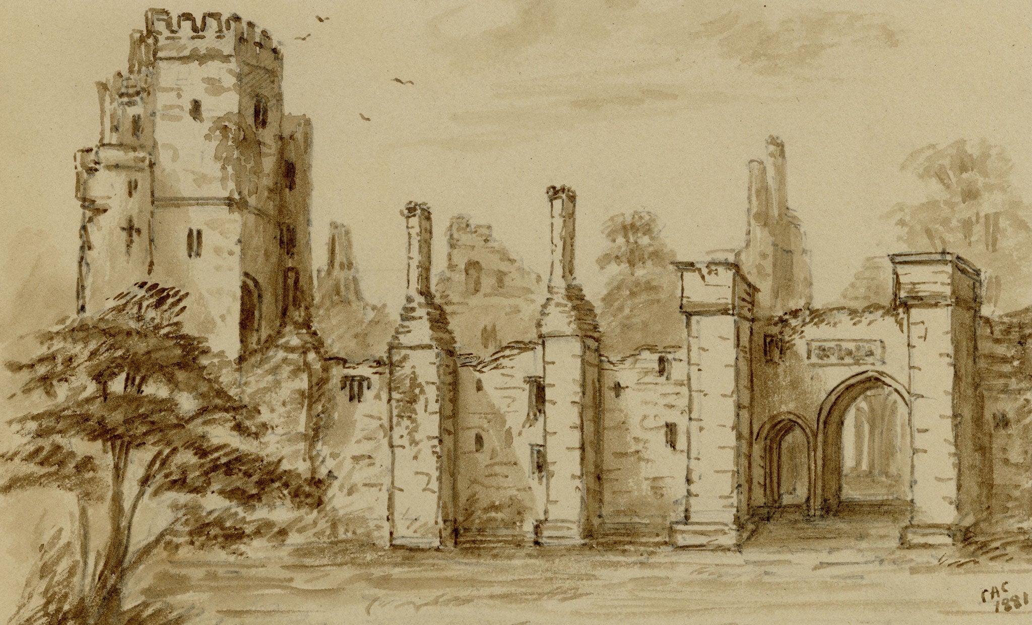 C.A. Collis, Wingfield Manor Outer Court, Derbyshire – 1881 watercolour painting