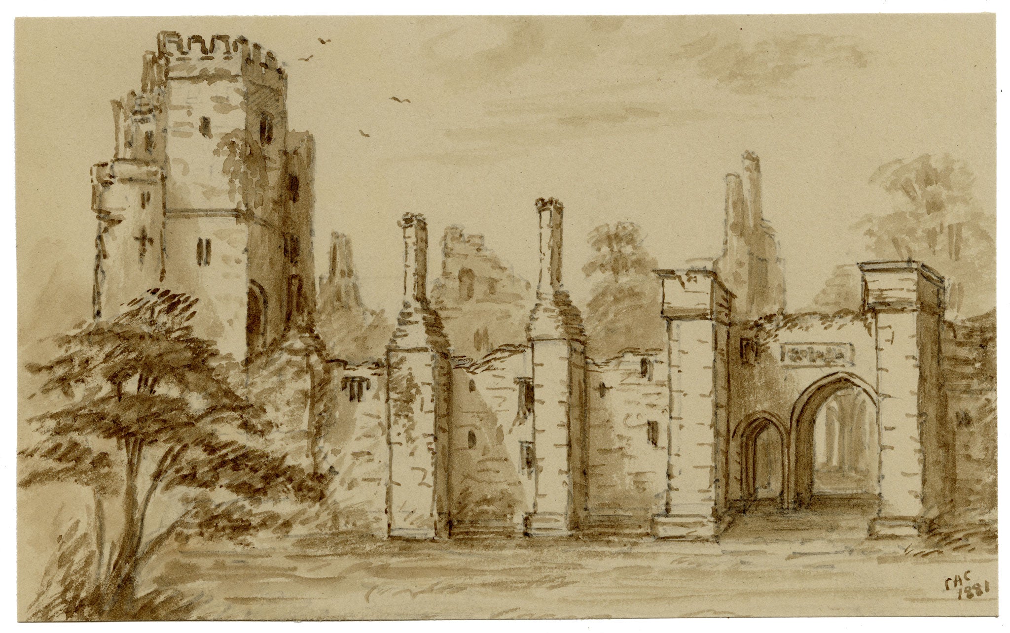 C.A. Collis, Wingfield Manor Outer Court, Derbyshire – 1881 watercolour painting