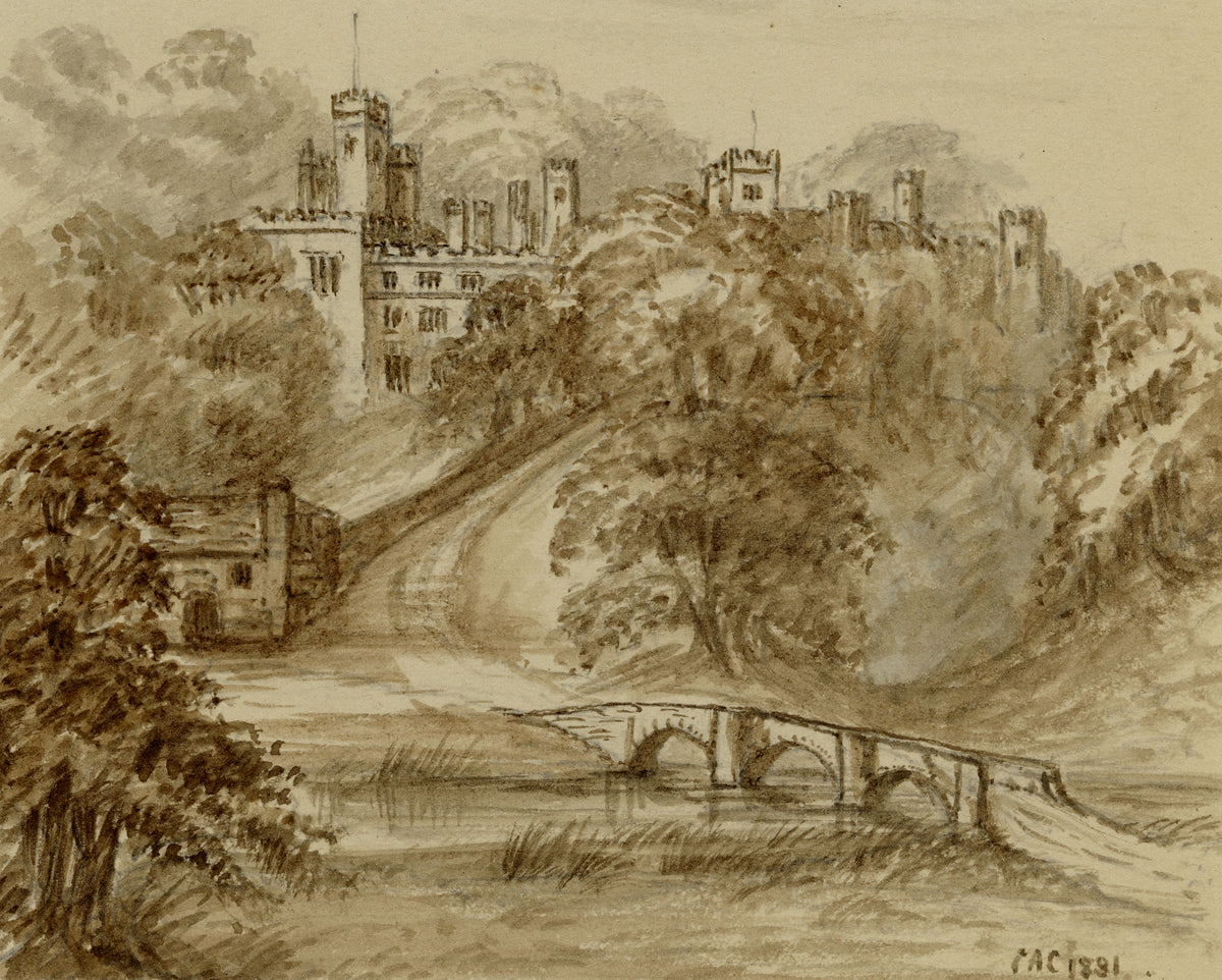 C.A. Collis, Haddon Hall from the Pack Horse Bridge, Derbyshire – 1881 watercolour painting