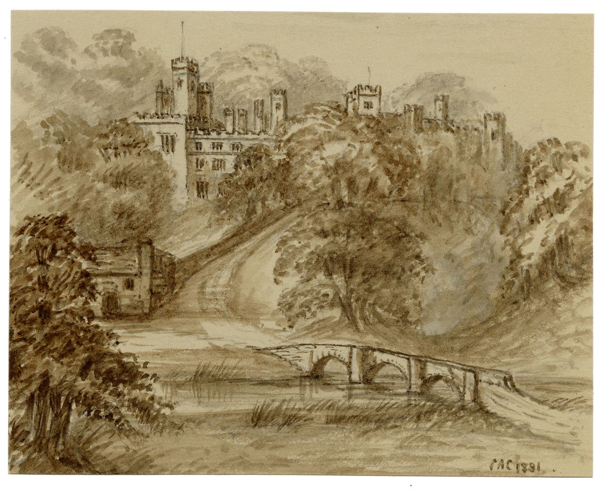 C.A. Collis, Haddon Hall from the Pack Horse Bridge, Derbyshire – 1881 watercolour painting