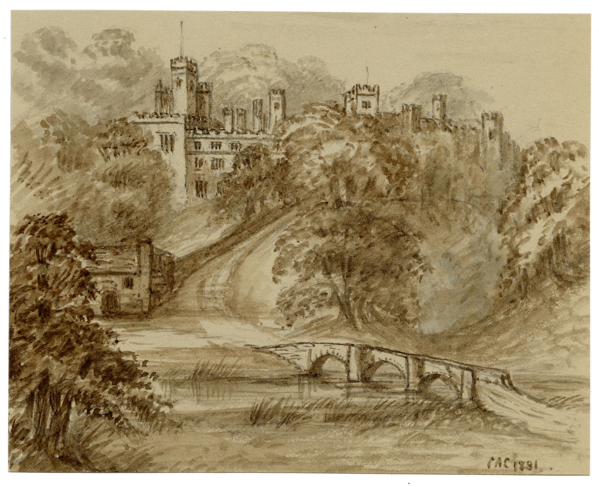 C.A. Collis, Haddon Hall from the Pack Horse Bridge, Derbyshire – 1881 watercolour painting