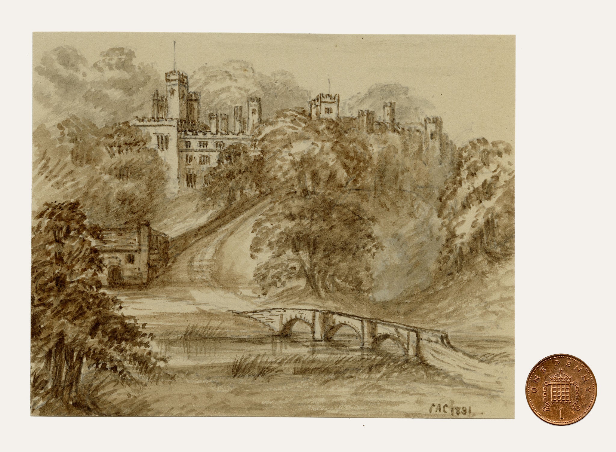 C.A. Collis, Haddon Hall from the Pack Horse Bridge, Derbyshire – 1881 watercolour painting