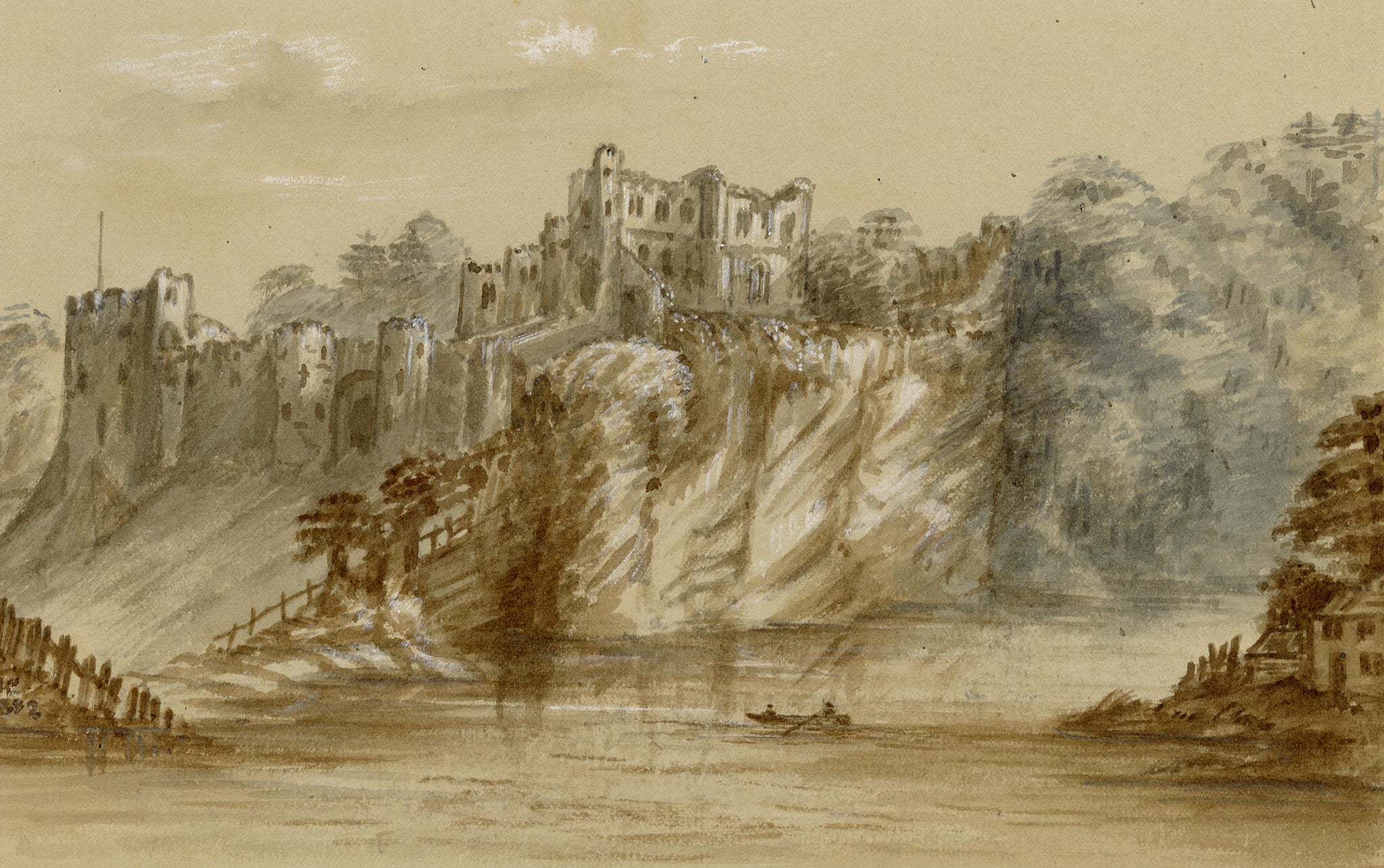 C.A. Collis, Chepstow Castle from River Wye, Monmouthshire, Wales – Late 19th-century watercolour painting