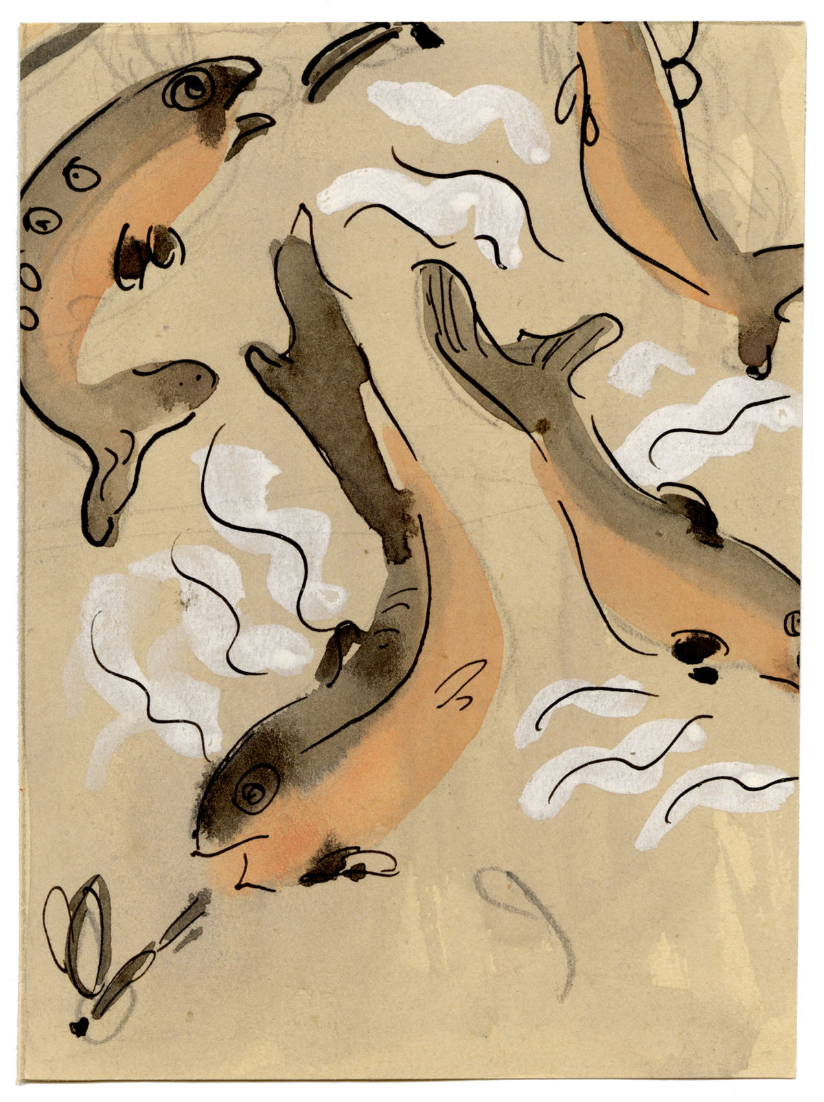 Jean Mary Ogilvie, Miniature Art Deco Carp Fish Design – 1930s gouache painting