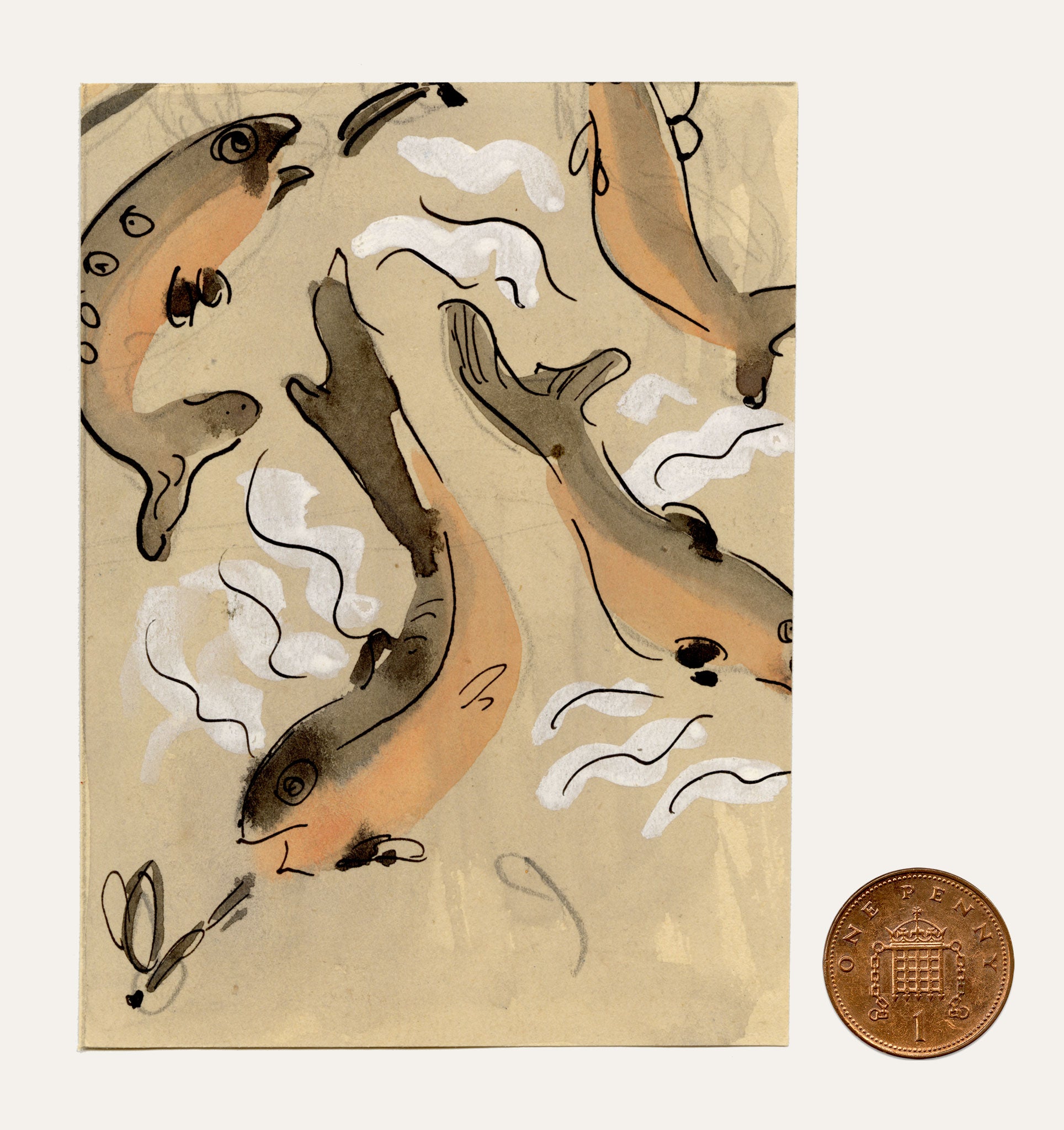 Jean Mary Ogilvie, Miniature Art Deco Carp Fish Design – 1930s gouache painting