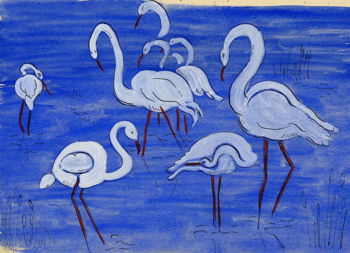 Jean Mary Ogilvie, Art Deco Stork Pattern Design in Blue – 1930s gouache painting