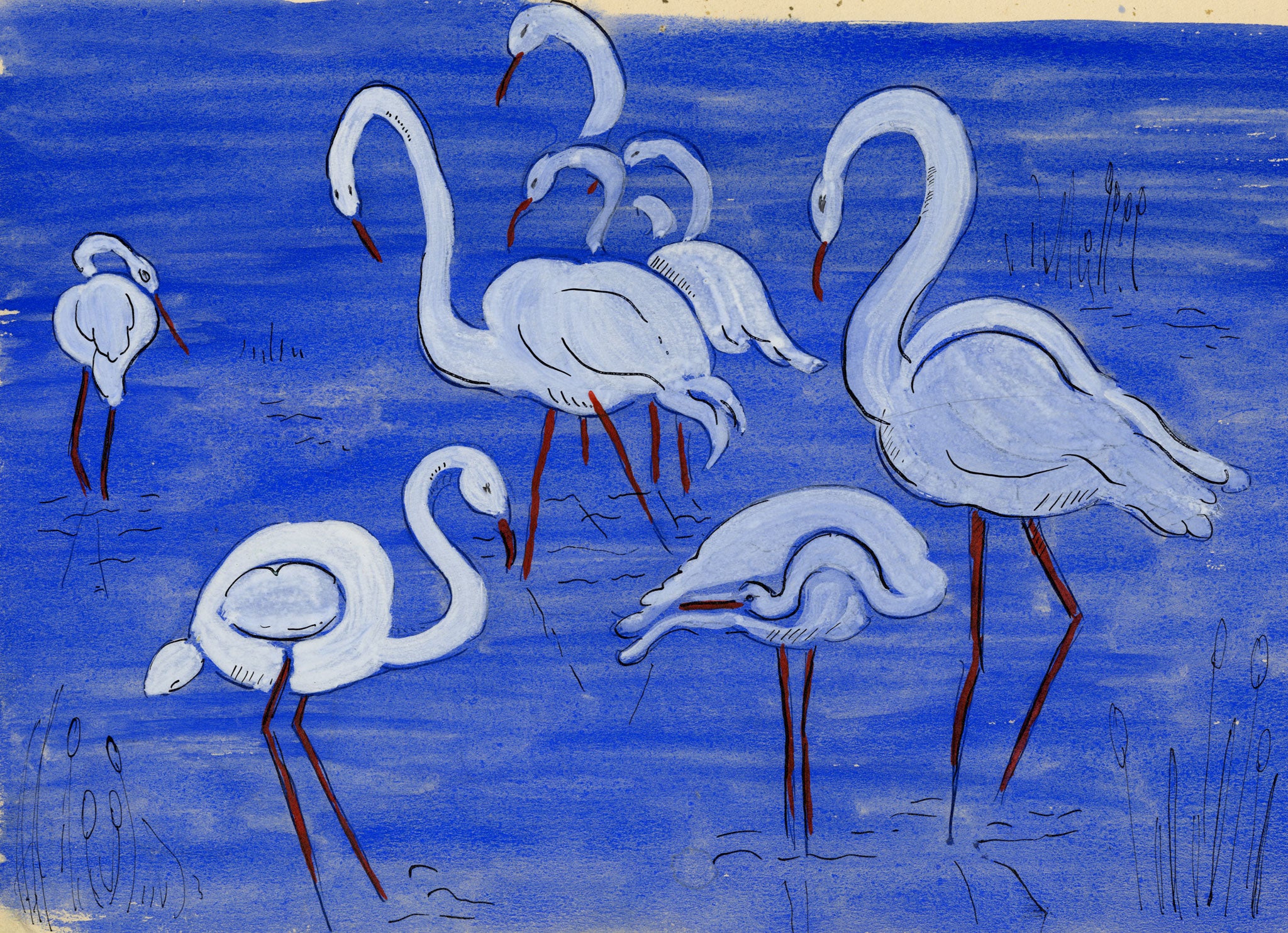 Jean Mary Ogilvie, Art Deco Stork Pattern Design in Blue – 1930s gouache painting