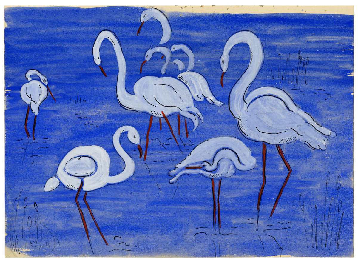 Jean Mary Ogilvie, Art Deco Stork Pattern Design in Blue – 1930s gouache painting