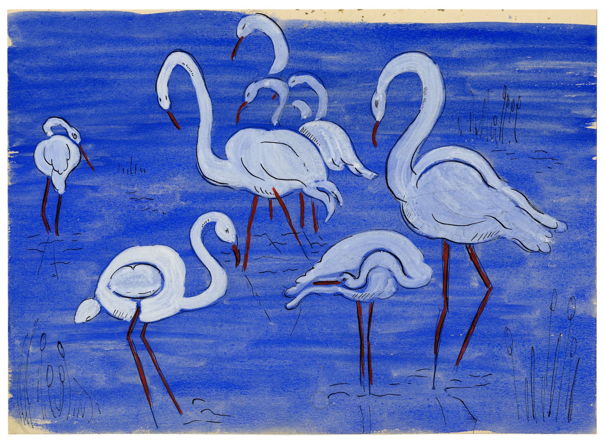 Jean Mary Ogilvie, Art Deco Stork Pattern Design in Blue – 1930s gouache painting