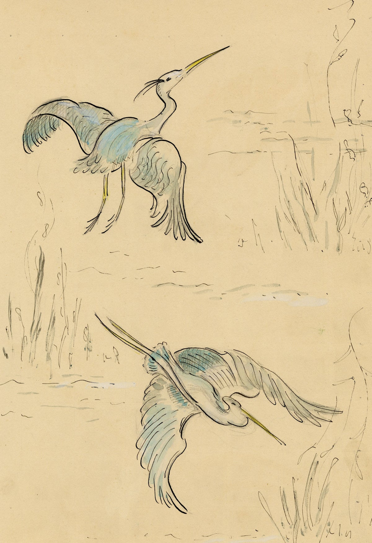 Jean Mary Ogilvie, Art Deco Stork in Flight Pattern Design – 1930s gouache painting