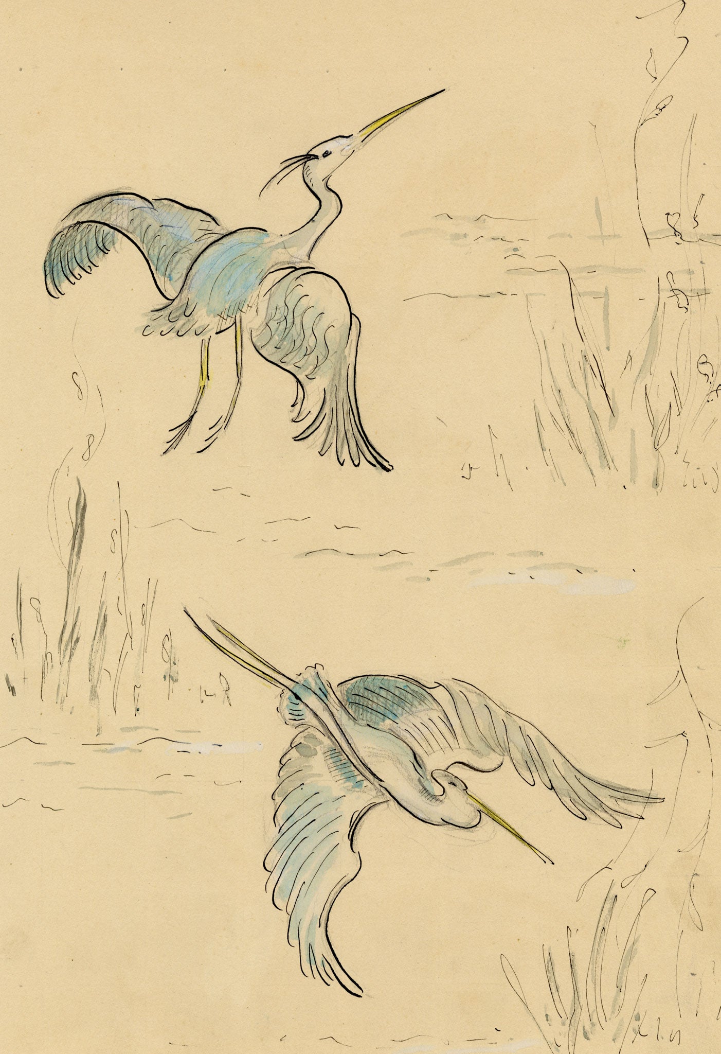 Jean Mary Ogilvie, Art Deco Stork in Flight Pattern Design – 1930s gouache painting