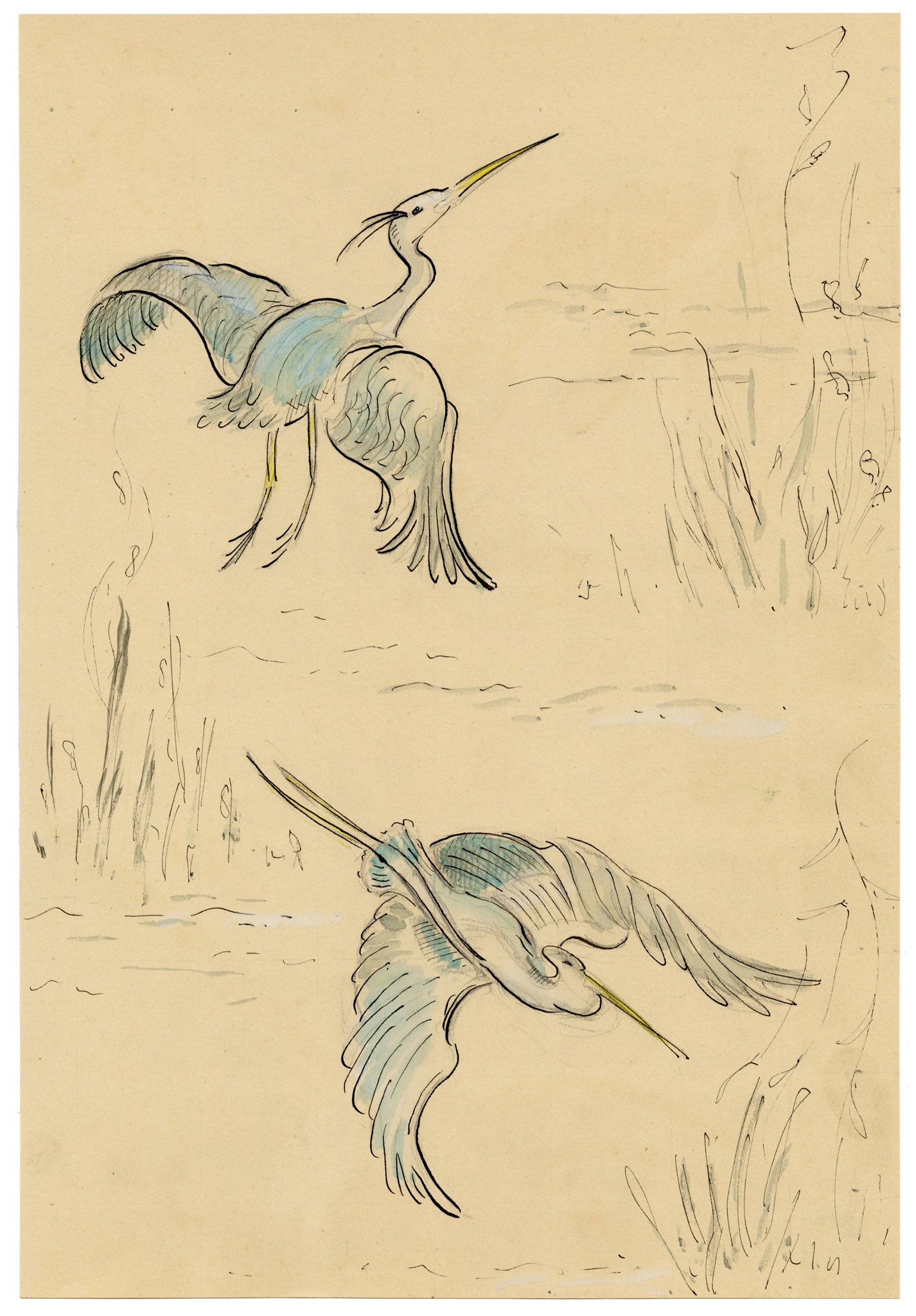 Jean Mary Ogilvie, Art Deco Stork in Flight Pattern Design – 1930s gouache painting