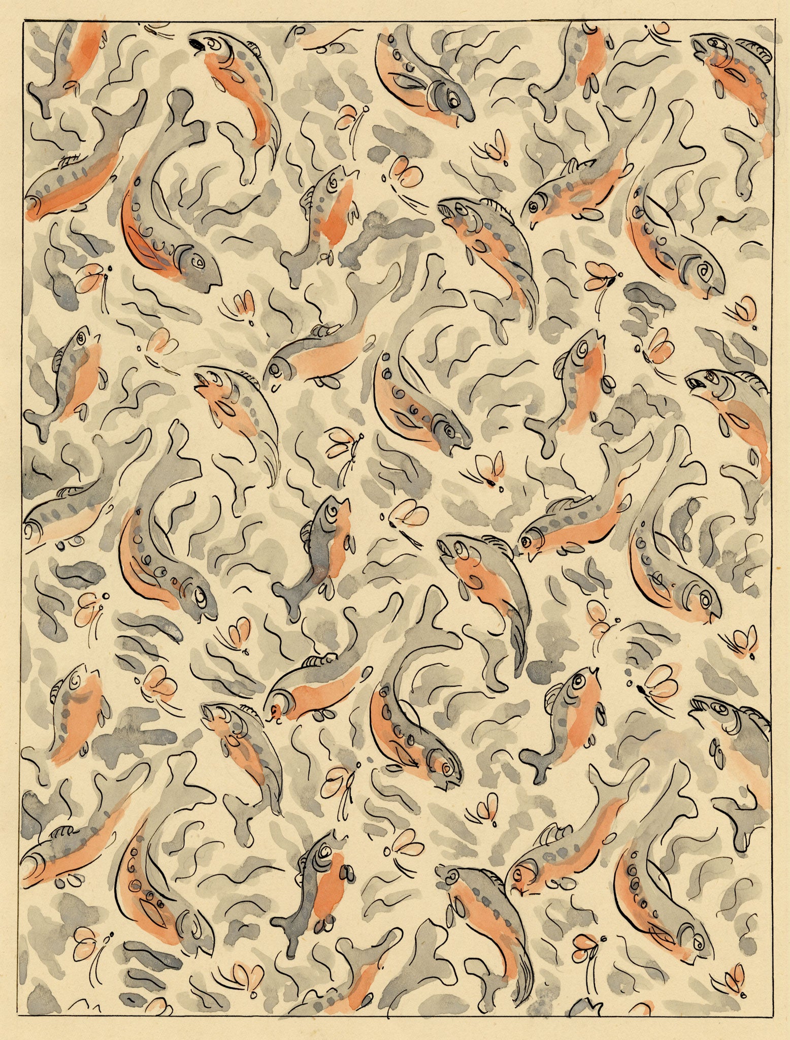 Jean Mary Ogilvie, Art Deco Carp Fish Pattern Design – 1930s gouache painting