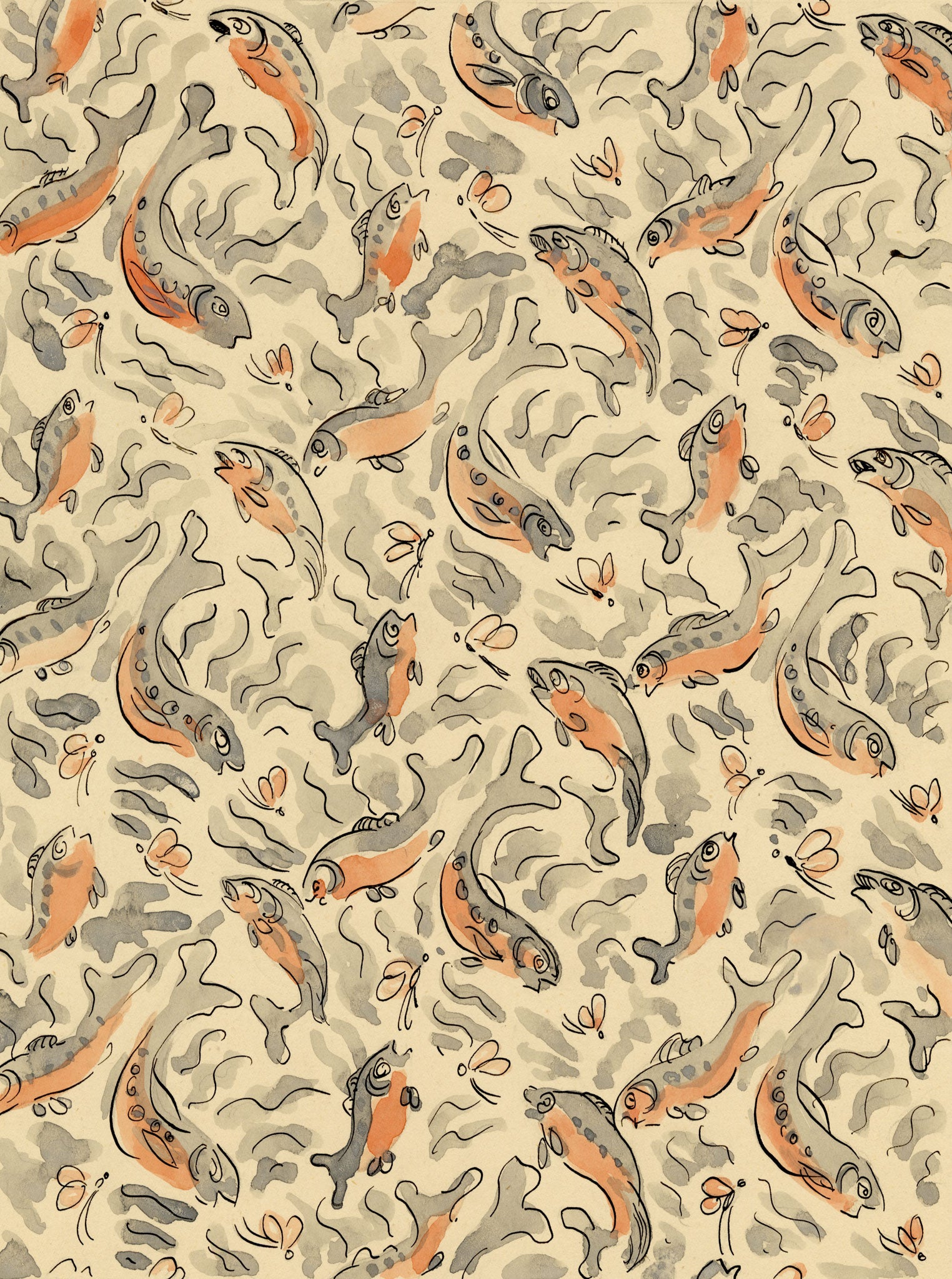 Jean Mary Ogilvie, Art Deco Carp Fish Pattern Design – 1930s gouache painting