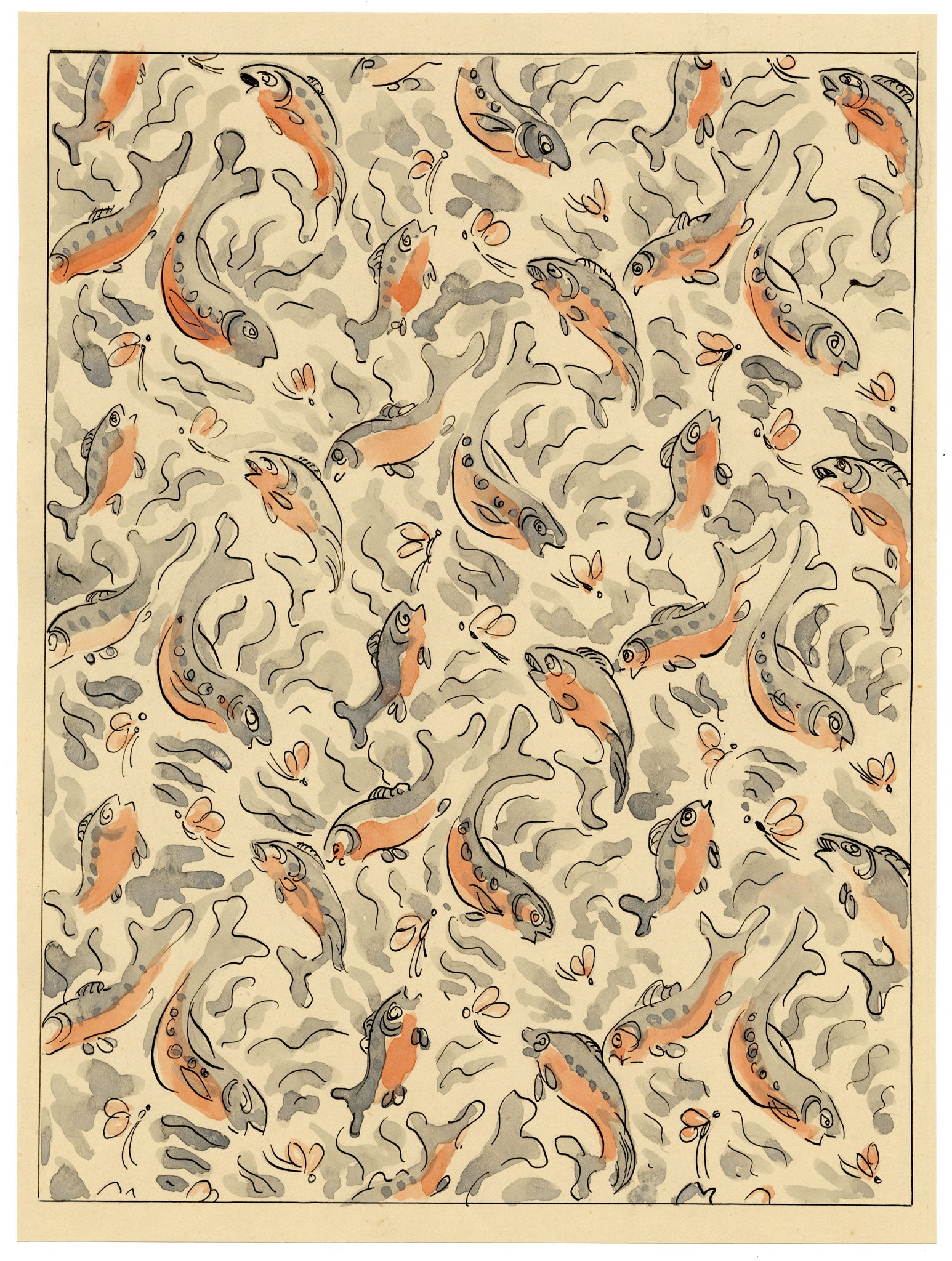 Jean Mary Ogilvie, Art Deco Carp Fish Pattern Design – 1930s gouache painting