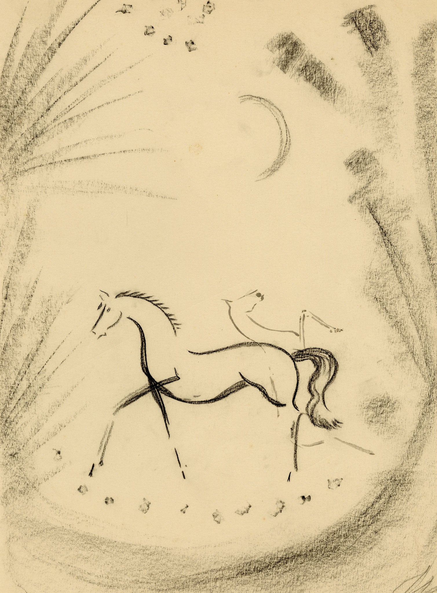 Jean Mary Ogilvie, Art Deco Moonlit Horse Design – 1930s charcoal drawing