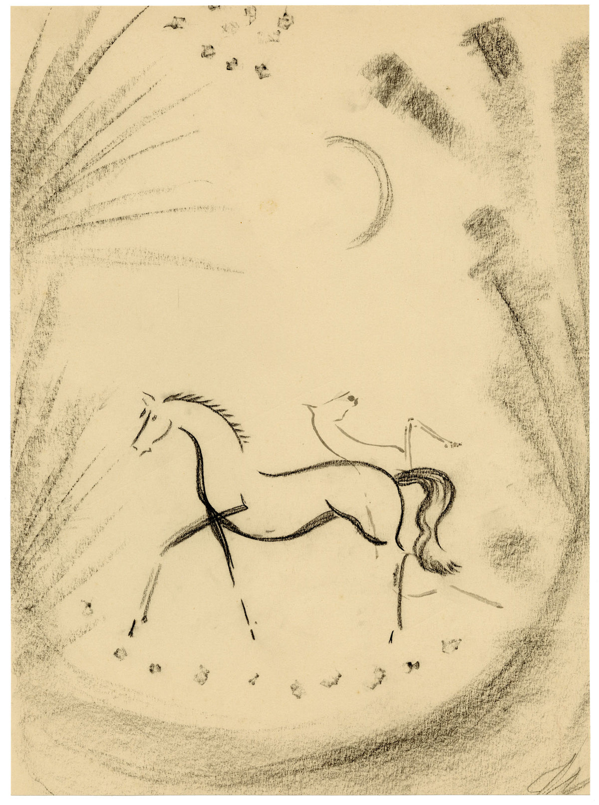 Jean Mary Ogilvie, Art Deco Moonlit Horse Design – 1930s charcoal drawing