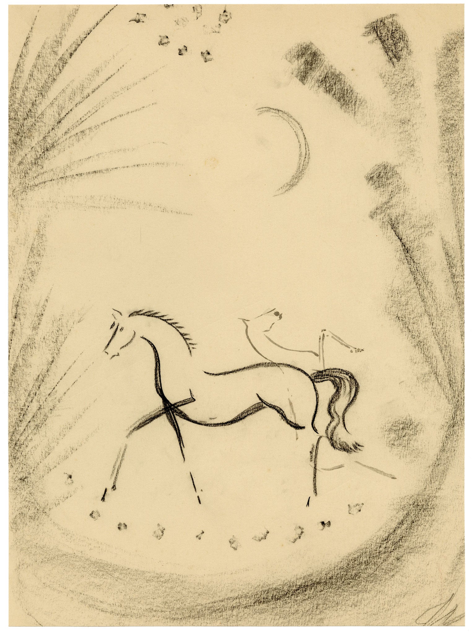 Jean Mary Ogilvie, Art Deco Moonlit Horse Design – 1930s charcoal drawing