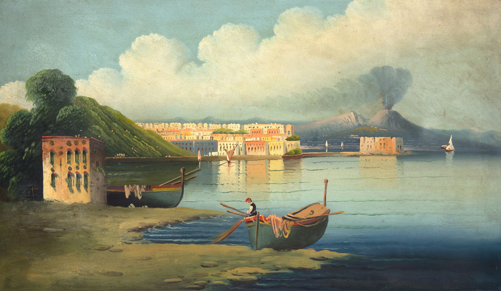 Neapolitan School, Bay of Naples with Vesuvius in Eruption – Late 19th-century oil painting
