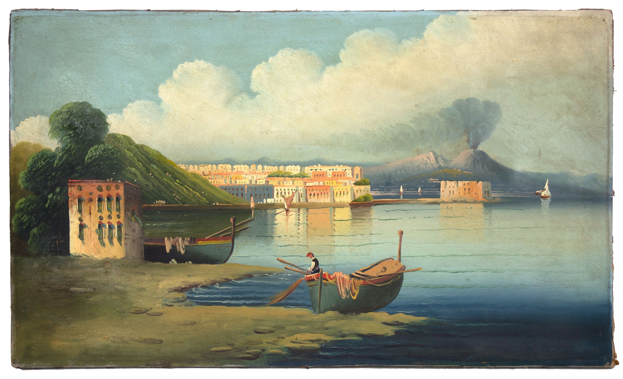 Neapolitan School, Bay of Naples with Vesuvius in Eruption – Late 19th-century oil painting