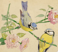 William Neave Parker, Blue Tit Pair on Rose Branch – c.1950 gouache painting