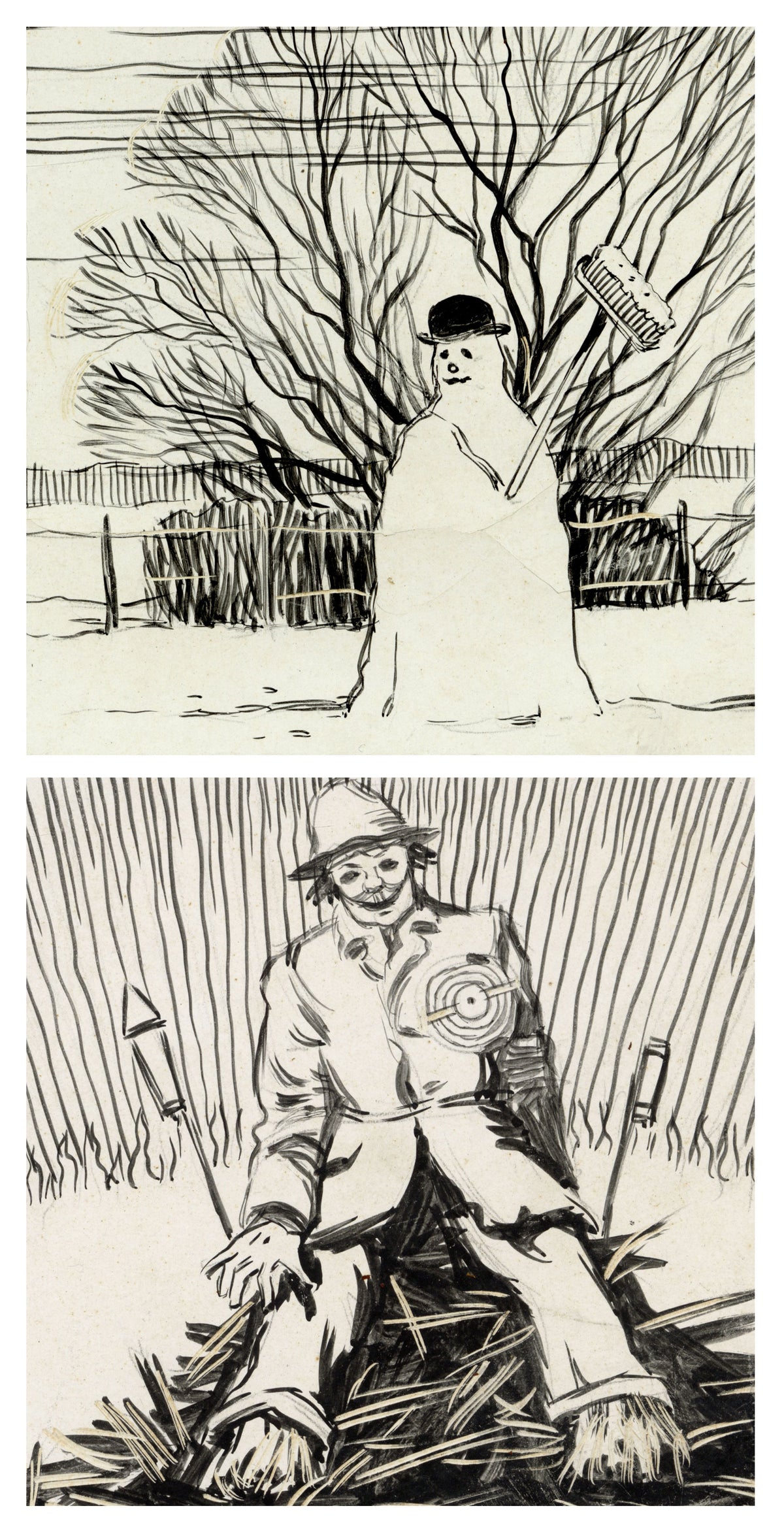 William Neave Parker, Guy Fawkes & Snowman Pair – c.1950 pen & ink drawing