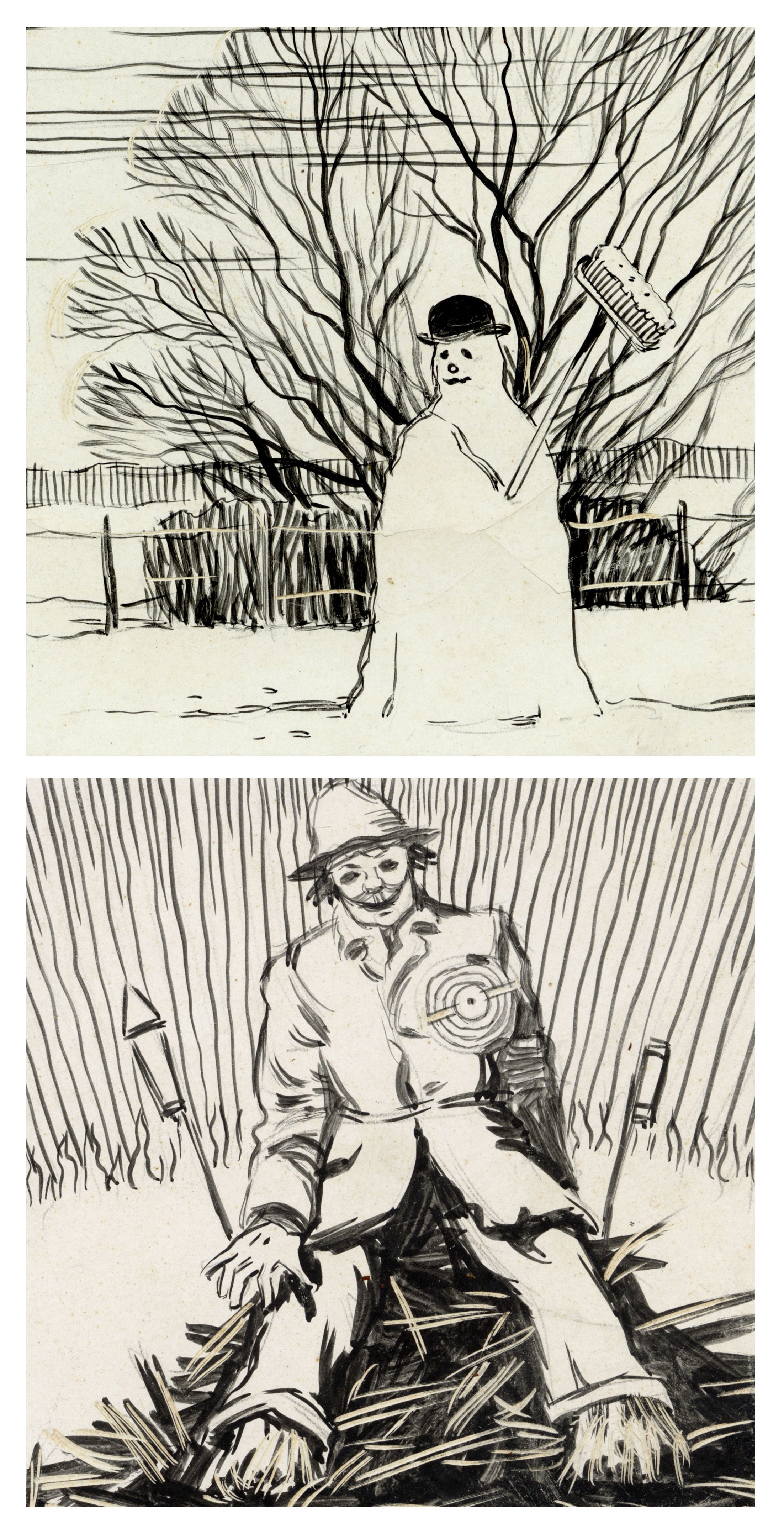William Neave Parker, Guy Fawkes & Snowman Pair – c.1950 pen & ink drawing
