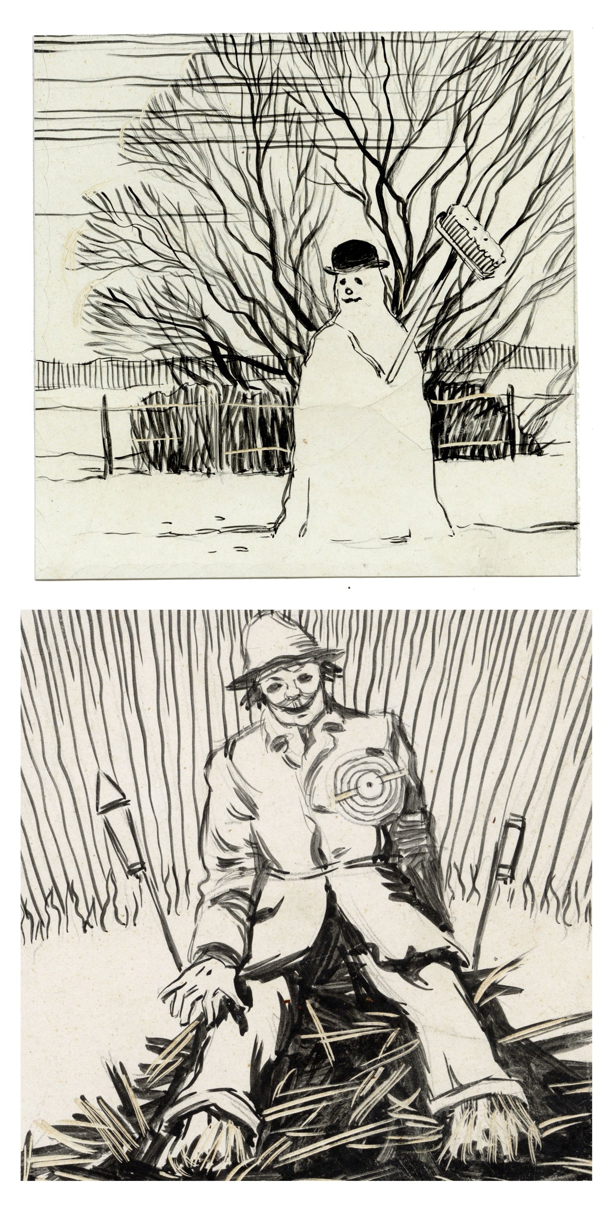 William Neave Parker, Guy Fawkes & Snowman Pair – c.1950 pen & ink drawing