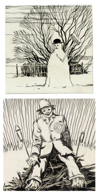William Neave Parker, Guy Fawkes & Snowman Pair – c.1950 pen & ink drawing