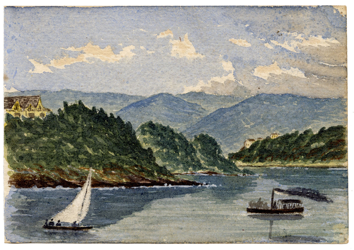 Cmdr Alfred M. Causton RN, River View with Steamboat, Possibly Rhine – 1872 watercolour painting
