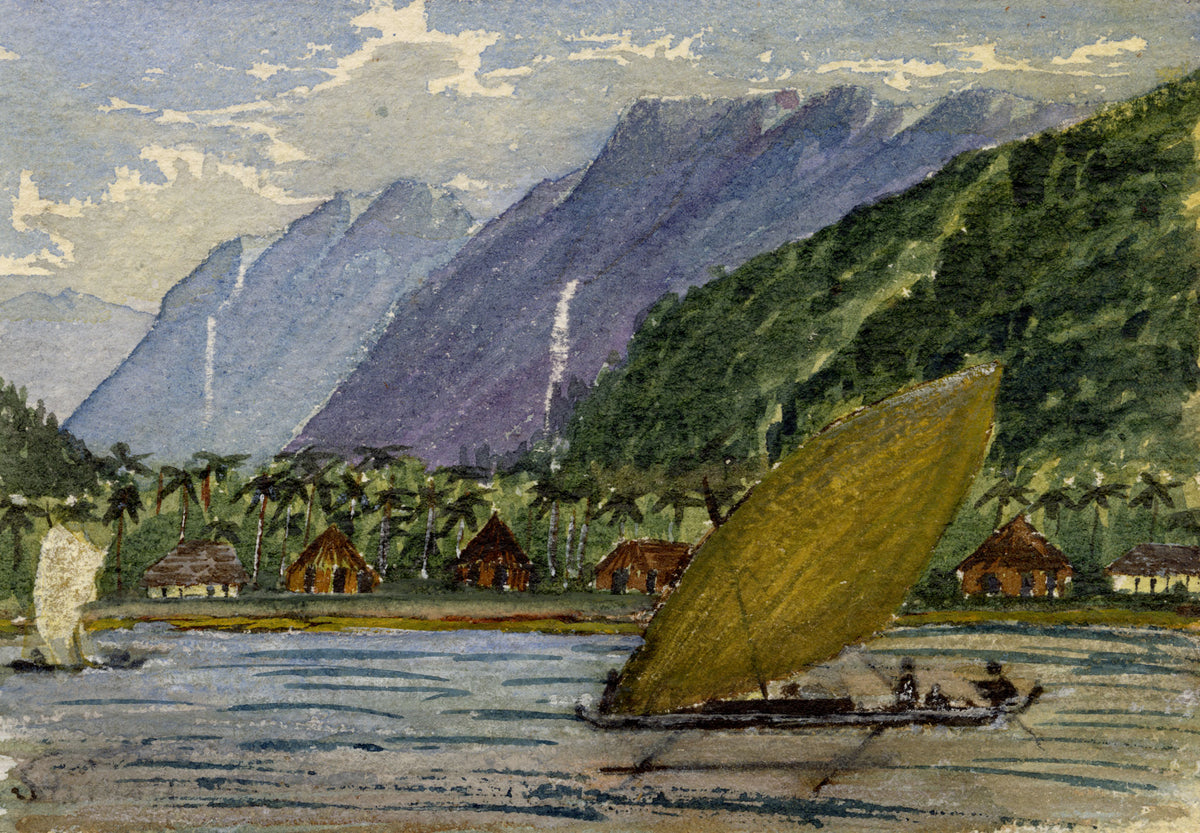 Cmdr Alfred M. Causton RN, Samoa Coast with Vaka Canoe & Fale Houses – 1873 watercolour painting
