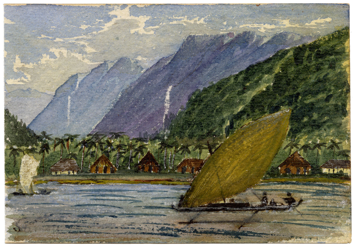 Cmdr Alfred M. Causton RN, Samoa Coast with Vaka Canoe & Fale Houses – 1873 watercolour painting