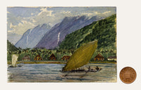 Cmdr Alfred M. Causton RN, Samoa Coast with Vaka Canoe & Fale Houses – 1873 watercolour painting