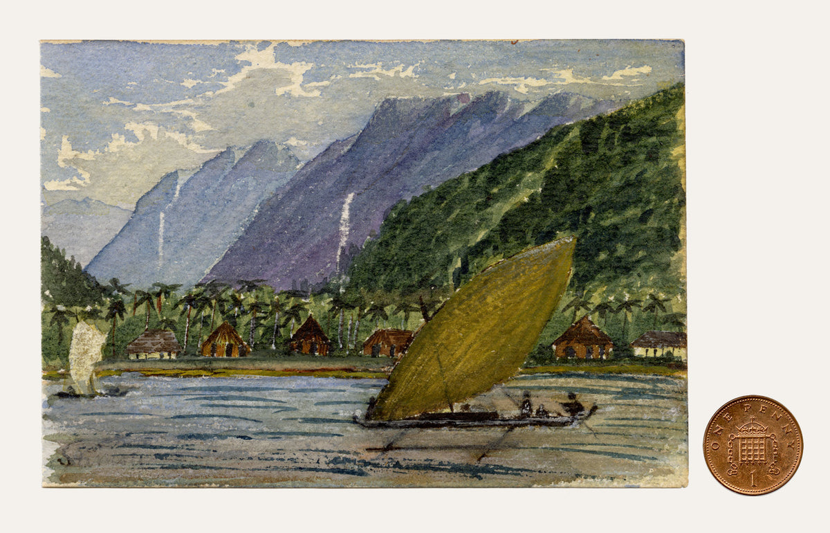 Cmdr Alfred M. Causton RN, Samoa Coast with Vaka Canoe & Fale Houses – 1873 watercolour painting